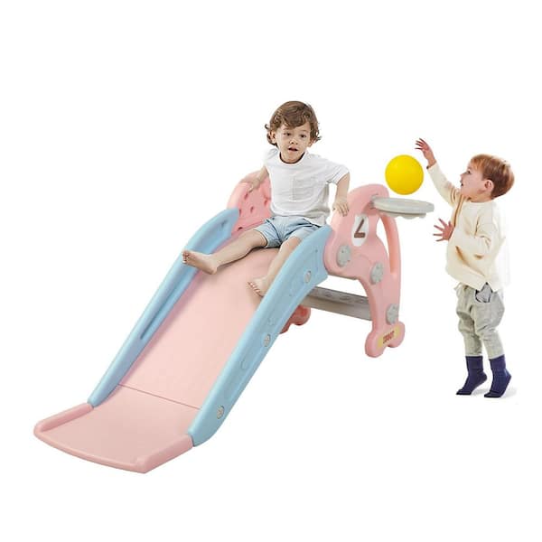 Nyeekoy Toddler Slide Playset Freestanding Kids Slide with Basketball Hoop Indoors/Outdoors, Pink