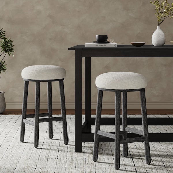 CHRISTOPHER KNIGHT HOME Beau 27.36 in. H Black+Beige Round Fabric Modern Upholstered Counter Barstools, Solid Wood Frame, Set of 2