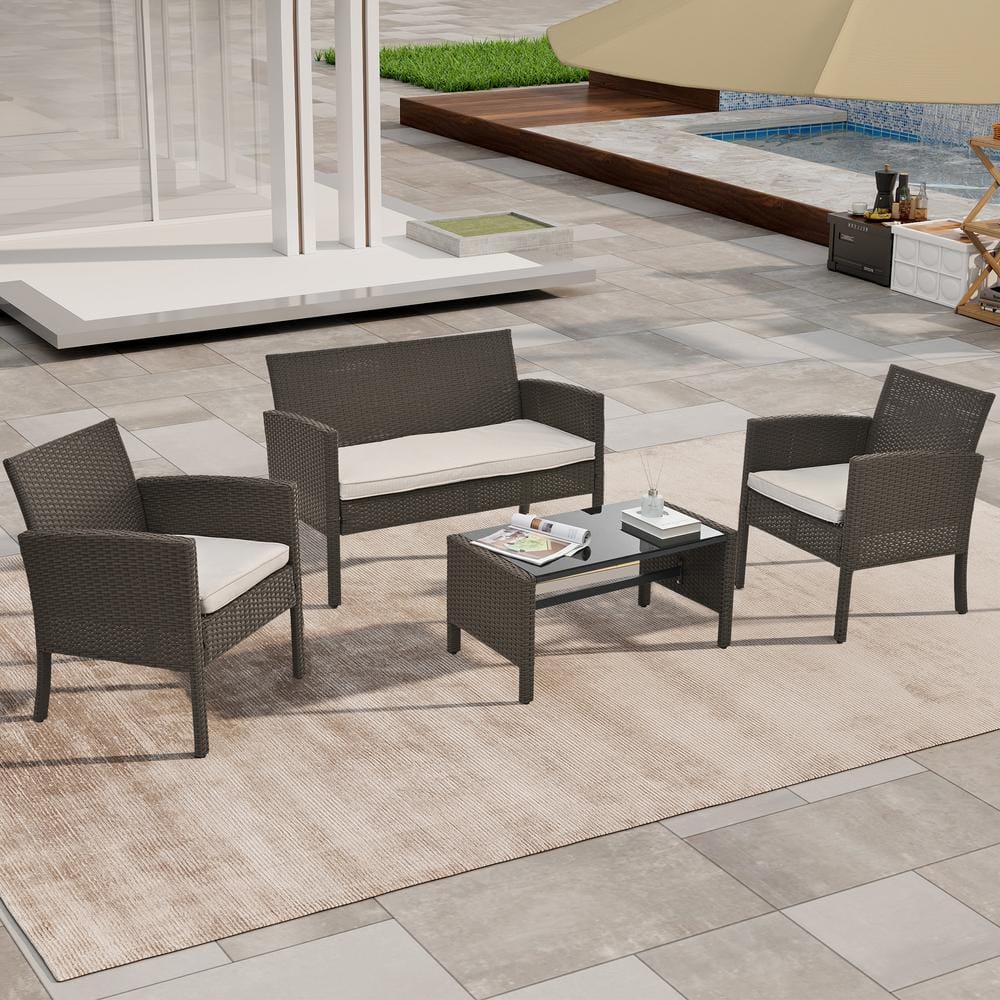 Brown 4-Piece All-Weather Wicker Outdoor Sectional Set with Beige ...