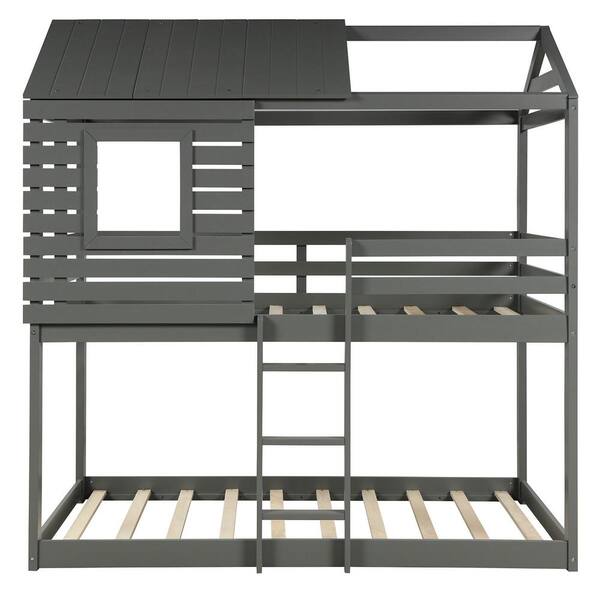 STICKON Gray Twin Over Twin Size Wood Bunk Bed with Ladder and ...