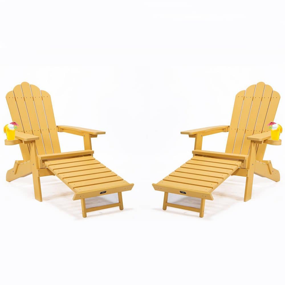 Tunearary Yellow Folding Adirondack Chair with Pullout Ottoman Cup Holder for Patio Deck Garden