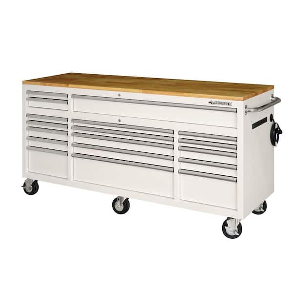 Husky 72 in. W x 24 in. D Standard Duty 18-Drawer Mobile Workbench Tool Chest with Solid Wood Top in Gloss White