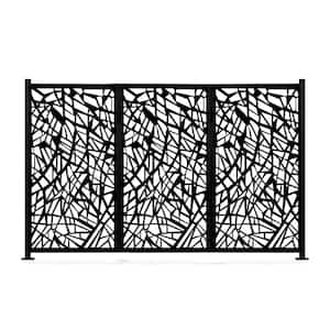 48 in. x 72 in. New Style MetalArt Laser Cut Metal Black Privacy Fence Screen Set, WideLine, 2 Pole with 3 Panel