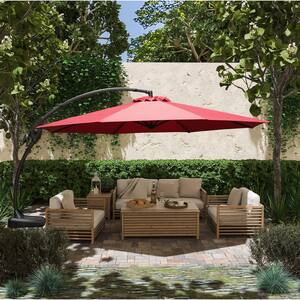 11 ft. Cantilever Patio Umbrella Large Outdoor Heavy Duty Offset Hanging Umbrella with Base in Red