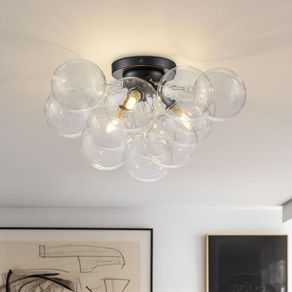 HUOKU Orbis 18 in. W 3-Light Modern Black Semi-Flush Mount Dimmable Cluster Froyer Ceiling Light with Clear Glass Shade