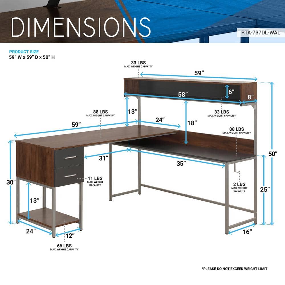 Walnut Wood L-Shaped Gaming Computer Desk with Hutch and Drawer