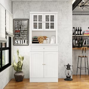 White Painted Food Pantry with Framed Glass Doors, Drawer, Adjustable Shelves