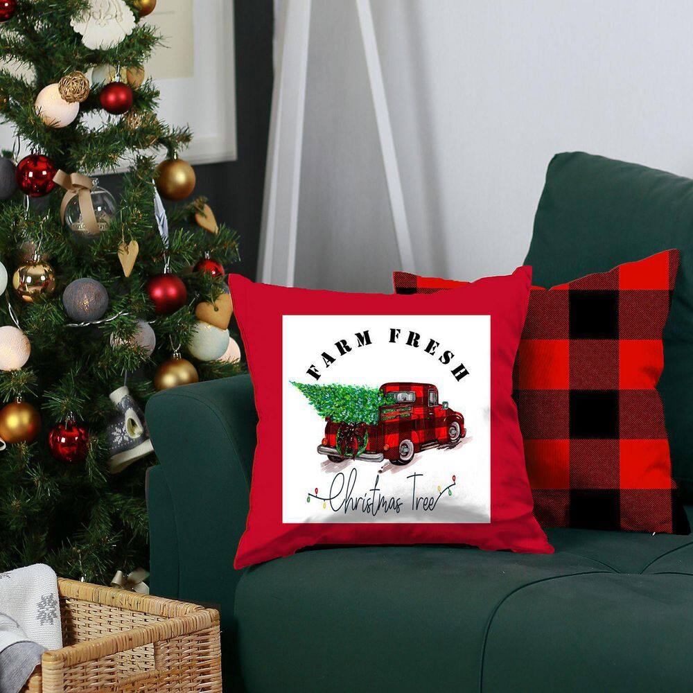 Red and Black Plaid Christmas Truck Polyester Euro Pillow Covers, 18" x 18", Set of 2
