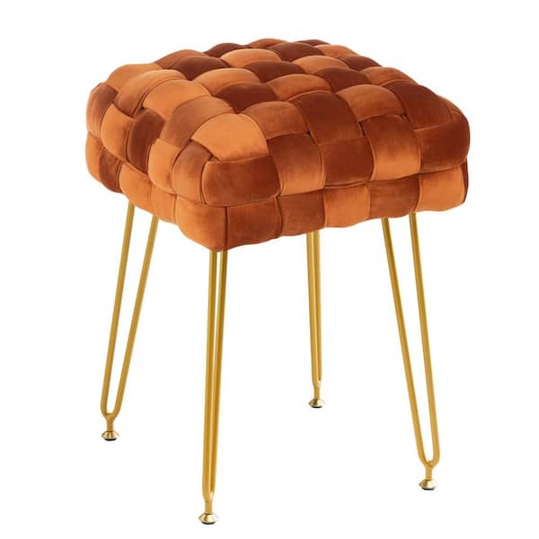 LUE BONA 18.5 in. Pumpkin Brown Gold Metal Legs Velvet Vanity Stool Rectangle Ottoman Foot Stool Upholstered Make-Up Bench