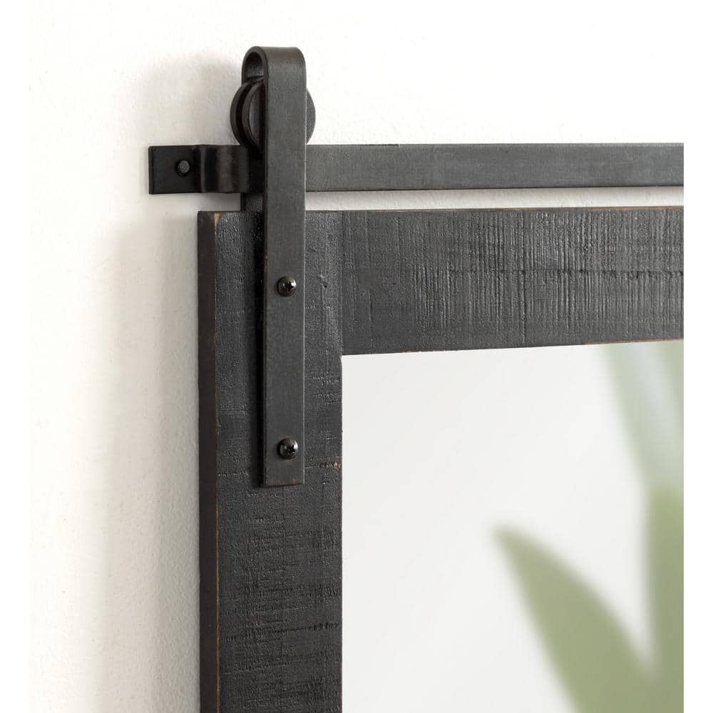 Rustic Farmhouse 42.5" Black Wood Wall Mirror with Iron Bar