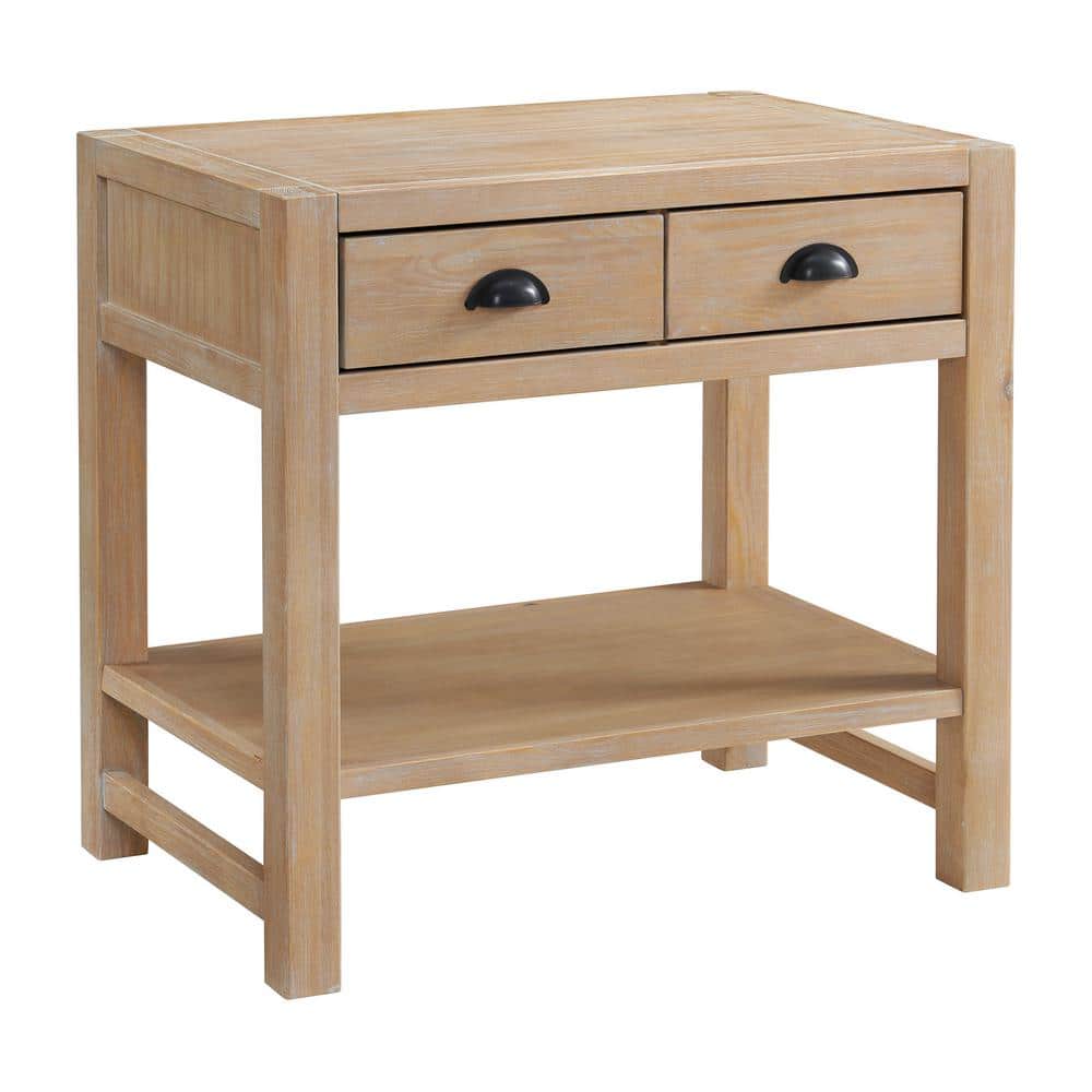 Arden Light Driftwood Pine 2-Drawer Nightstand with Open Shelf