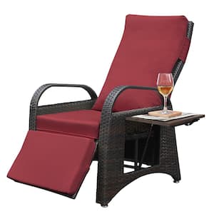 Outdoor Recliner Chair, Patio Wicker Outdoor Recliner and Table, Adjustable Backrest and Footrest with Red Cushion