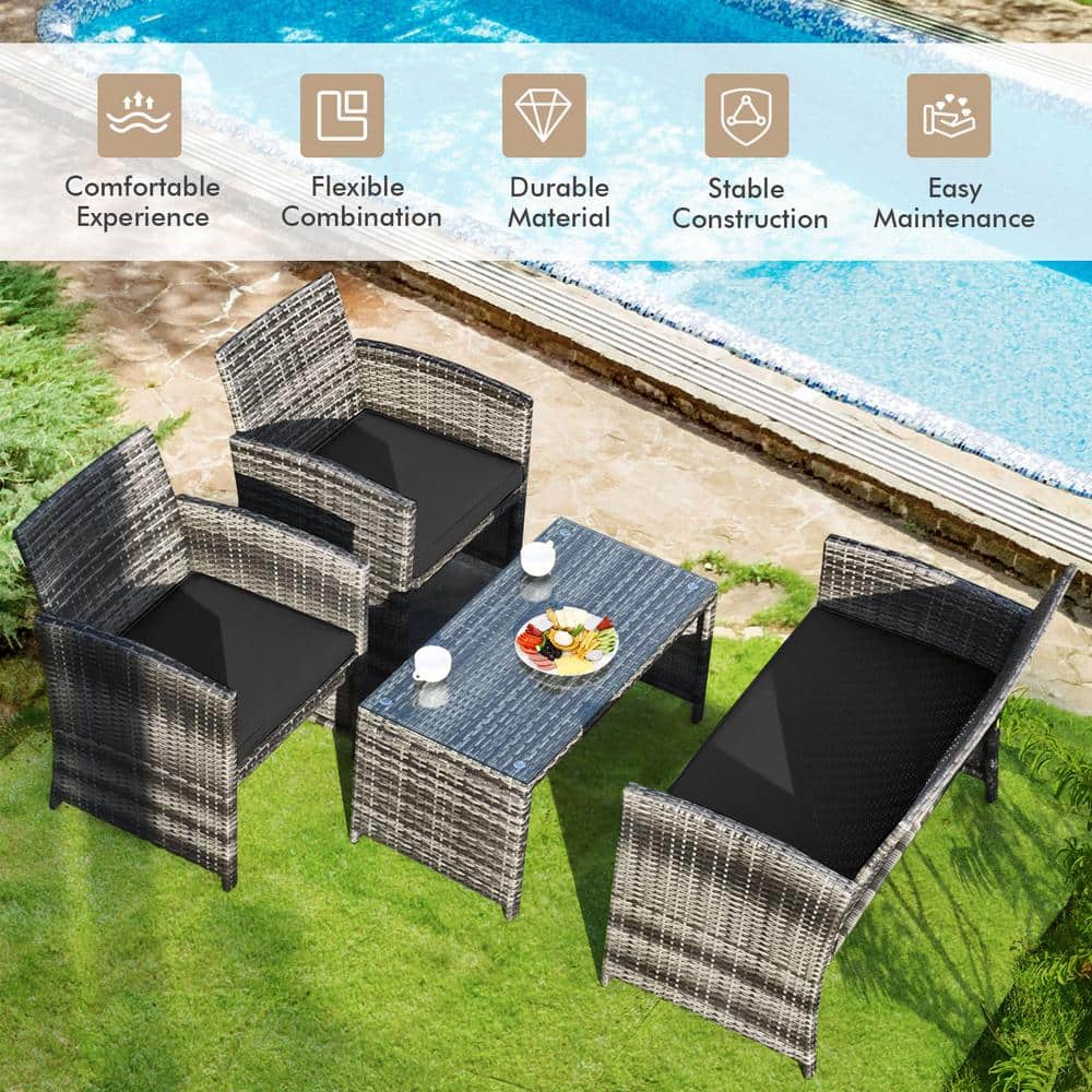 Black 4-Piece Rattan Patio Furniture Set with Glass Table