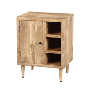 Transitional Natural Brown Mango Wood Side Table with Open Cubbies and Door Cabinet