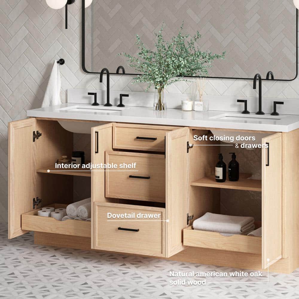 Kelly 73" White Oak Double Sink Bathroom Vanity with Quartz Top