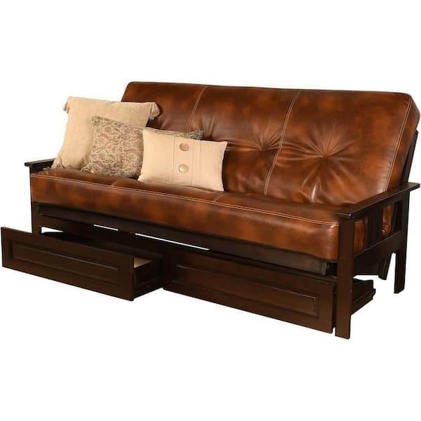 79 in. Espresso/Oregon Trail Saddle Polyester Upholstered Full Size Futon Set with Mattress and Storage Drawers