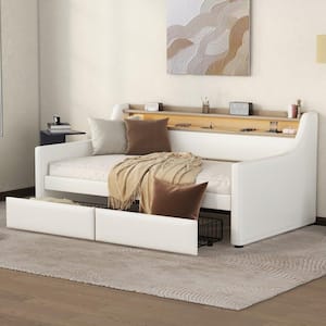 White Wood Twin Size PU Leather Upholstered Daybed with 2-Drawer, LED Lights, 2-Shelves, USB Charging, Nailhead Trim
