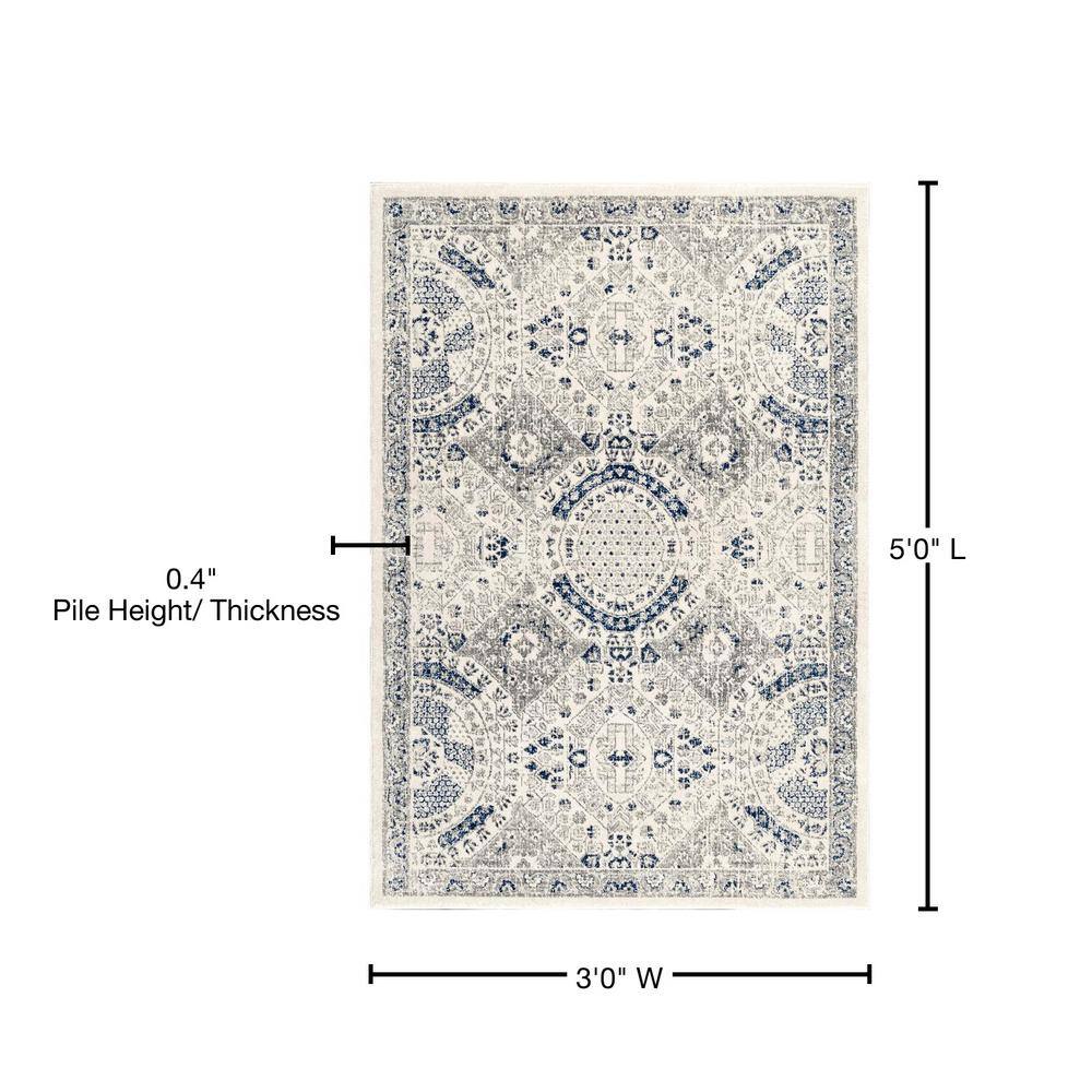 Blue and White Synthetic Vintage Rectangular Area Rug