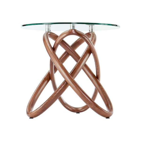 Benjara 21.6 in. Brown Modern Round Glass Top Side Table with Curved Wood Frame