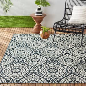 Patio Country Zoe Navy Blue/Ivory 8 ft. x 10 ft. Moroccan Damask Indoor/Outdoor Area Rug