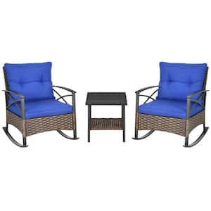3-Piece Rocking Wicker Outdoor Bistro Set, Outdoor Patio Furniture Set with 2 Porch Rocker Chairs, Cushions in Dark Blue