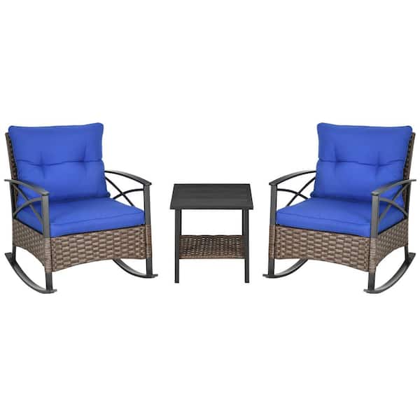 Outsunny 3-Piece Rocking Wicker Outdoor Bistro Set, Outdoor Patio Furniture Set with 2 Porch Rocker Chairs, Cushions in Dark Blue