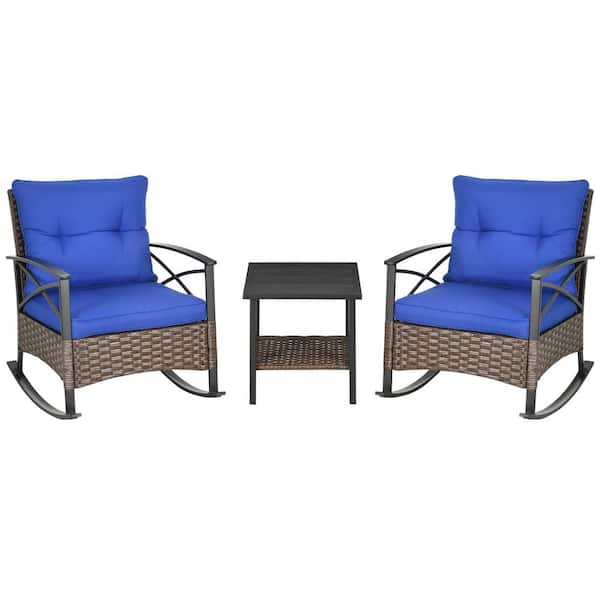 3-Piece Rocking Wicker Outdoor Bistro Set, Outdoor Patio Furniture Set with 2 Porch Rocker Chairs, Cushions in Dark Blue
