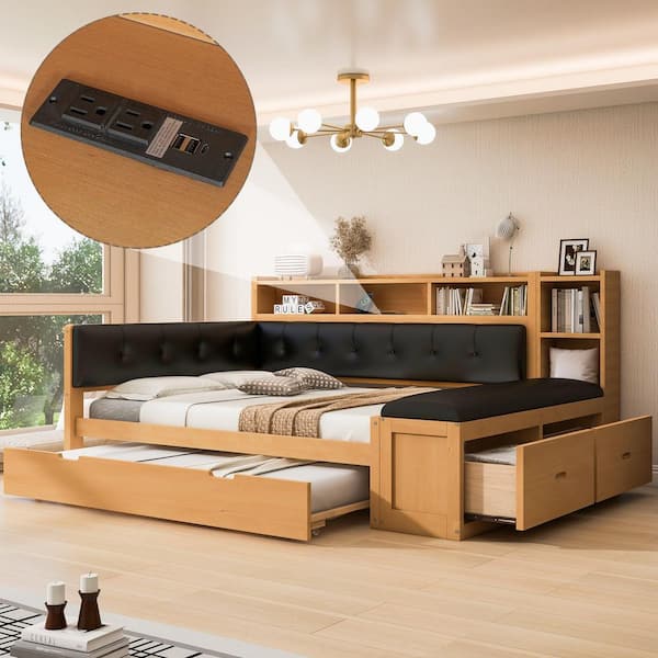 Roxanne Black+Natural Full Size Upholstered Daybed with Trundle, Storage Shelves, Bench, Charging Station