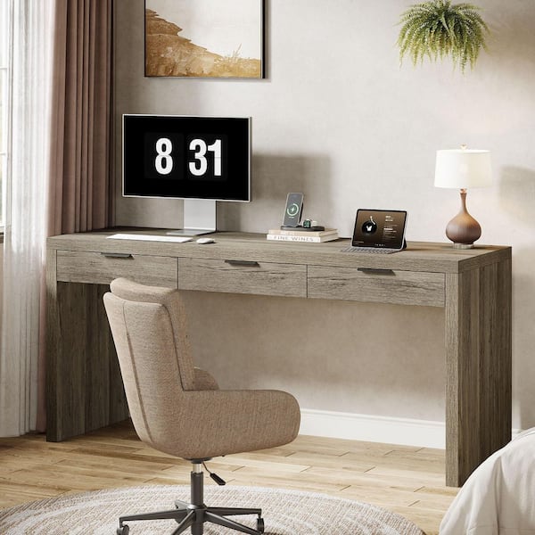 Halseey 63 in. Rectangular Gray Engineered Wood 3-Drawer Computer Desk, Home Office Desk Writing Table with Storage