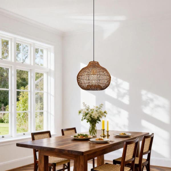 1-Light Warm Natural Handwoven Rattan Pendant Light with Black Iron Frame, Spherical Shade, No Bulbs Included, 16 in.