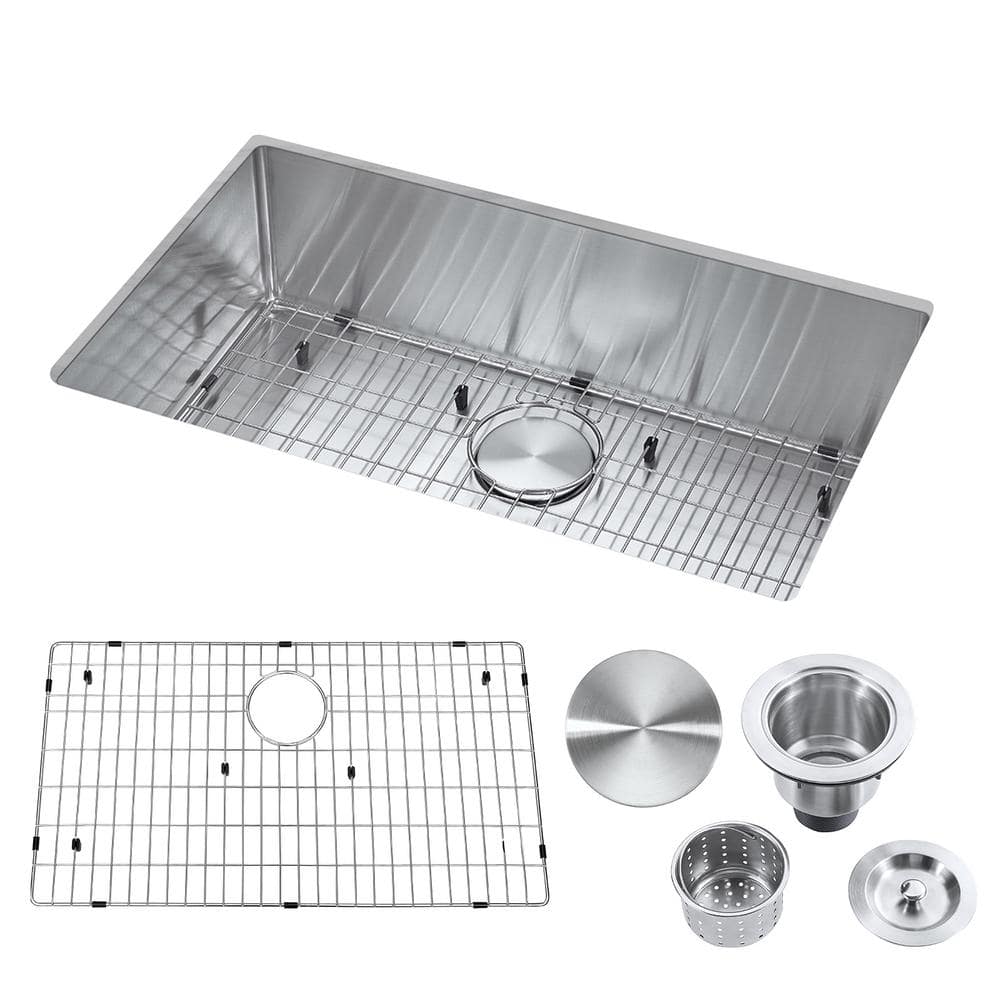 30-inch Kitchen Sink 18 Gauge Single Bowl Stainless Steel Sink Undermount with Strainer & Bottom Grid 