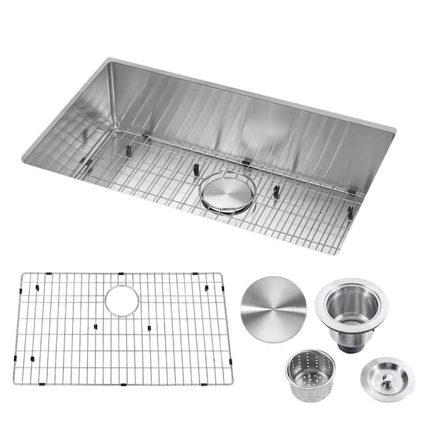 Akicon 18-Gauge Stainless Steel 30 in. Single Bowl Undermount Kitchen Sink with Strainer and Bottom Grid