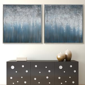 Blue Rain Textured Metallic Hand Painted by Martin Edwards Framed Abstract Diptych Set Canvas Wall Art