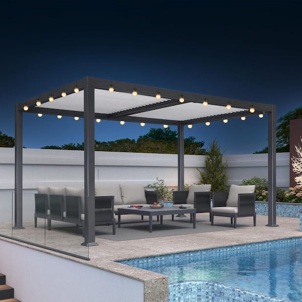 10.2 ft. x 14.2 ft. Gray Aluminum Outdoor Louvered Pergola with White Adjustable Roofs and Solar String Lights