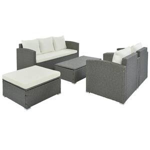 5-Piece Wicker Patio Conversation Sectional Seating Set with Beige Cushions Storage Table and Ottoman