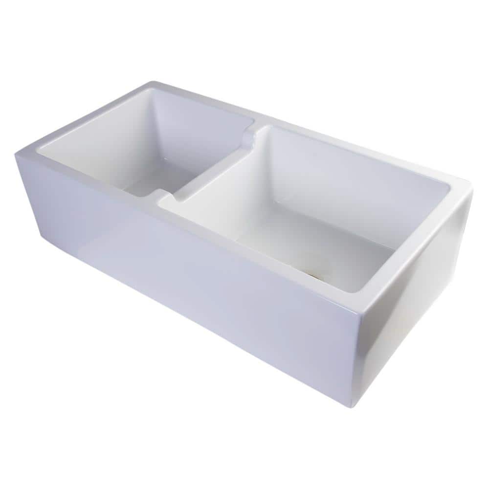 36'' White Fireclay Double Bowl Farmhouse Kitchen Sink