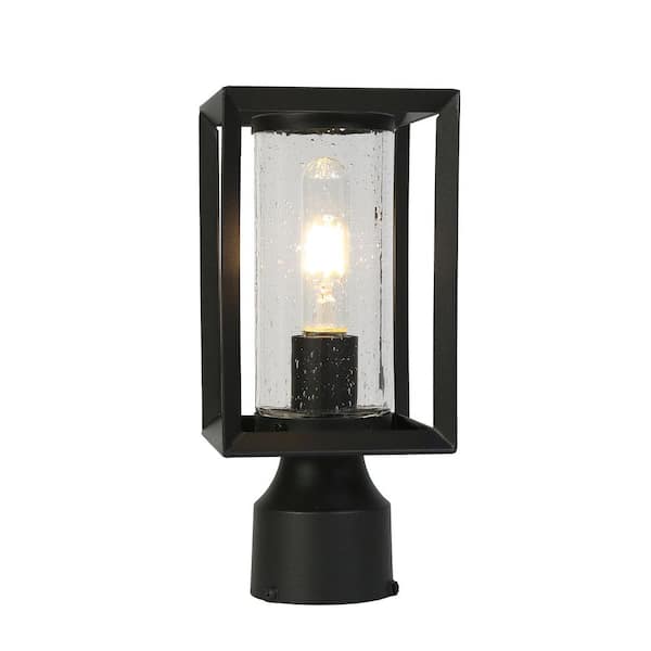 1-Light Black Metal Minimalist Outdoor Weather Resistant Pier Mount Light Post Lantern with LED Seeded Glass