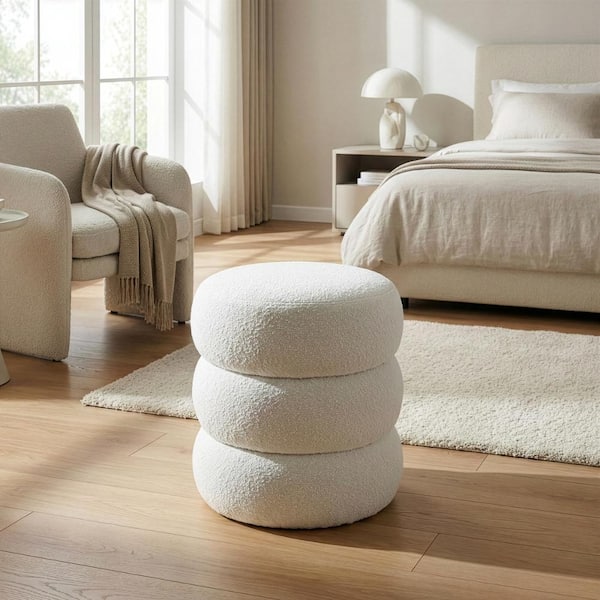 Glamour Home Azaria White Boucle Fabric Round Tufted Ottoman GHOTM