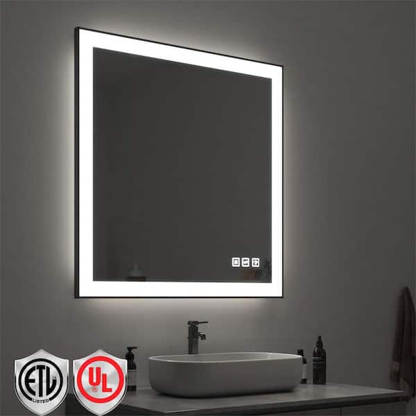 36 in. W x 36 in. H Rectangular Framed LED Anti-Fog Wall Mirror in Black with Backlit and Front Light