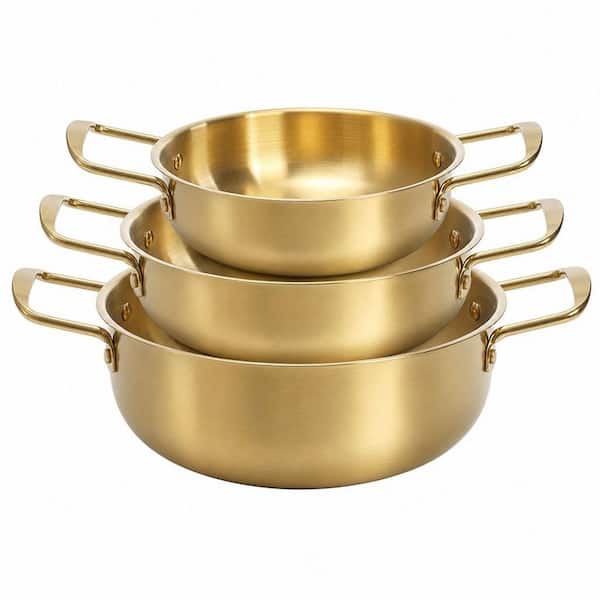 3-Piece Ramen Noodle Pot with Handles, Stainless Steel Everyday Pan, Gold Cooking Pot for Soup Noodle Pasta for Soup