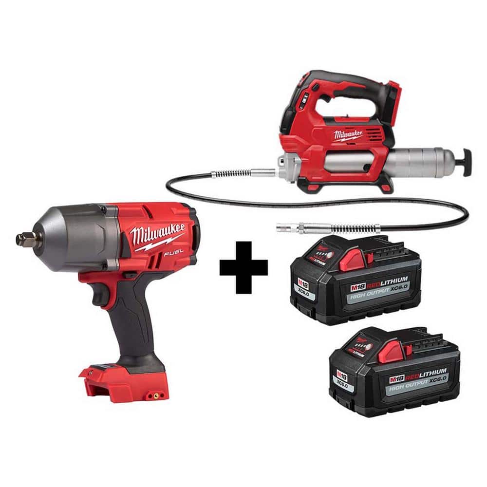 Milwaukee M18 FUEL 18V 1/2 in. Lithium-Ion Brushless Cordless Impact Wrench  with Friction Ring  Grease Gun with Two Batteries 2767-20-2646-20-48-11-1862  The Home Depot
