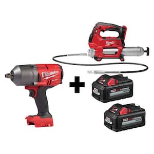 M18 FUEL 18V 1/2 in. Lithium-Ion Brushless Cordless Impact Wrench with Friction Ring & Grease Gun with Two Batteries