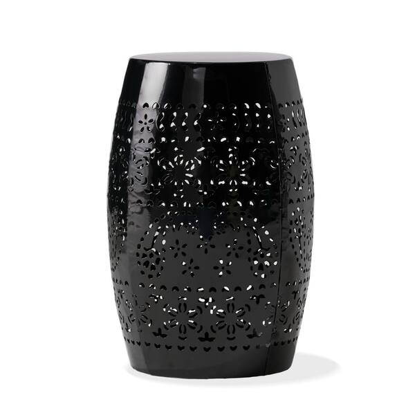 Angel Sar Black 12 in. Barrel Metal Outdoor Side Table with Lace Cut Design for Patio, Garden and Backyard