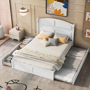 Modern White Wood Frame Queen Size Platform Bed with 2-Drawer and Twin Size Trundle