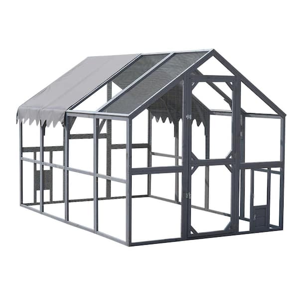 GOGEXX 111 in. D x 75 in. W x 73 in. H Large Wooden Outdoor Cat House&Cat Run Bird House Catio Kitten Condo Entry Door In Gray