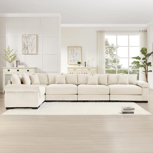 RSTDLM 154.6 in. Straight Arm 5-Piece Corduroy Modular Sectional Sofa with Ergonomic Design in Creamy Beige