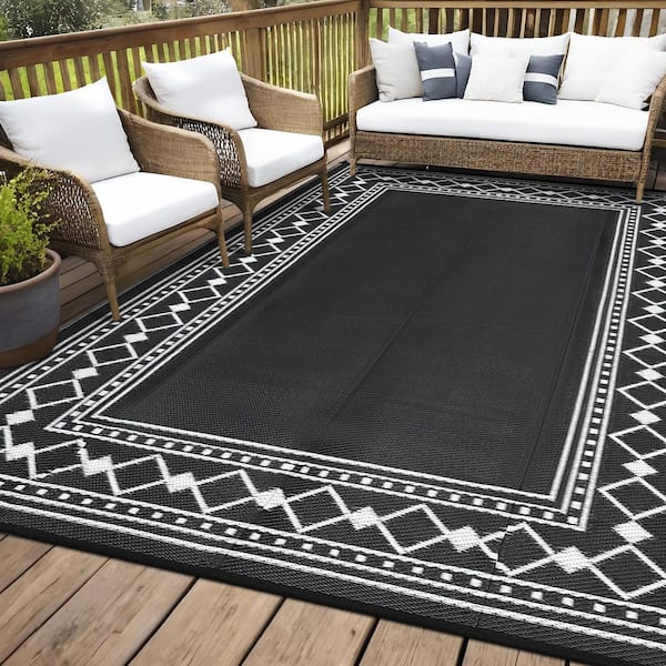 Geometry Modern Outdoor Area Rugs Waterproof Stain Resistant Camping Throw Carpet for Deck Picnic Backyard Black 8*10