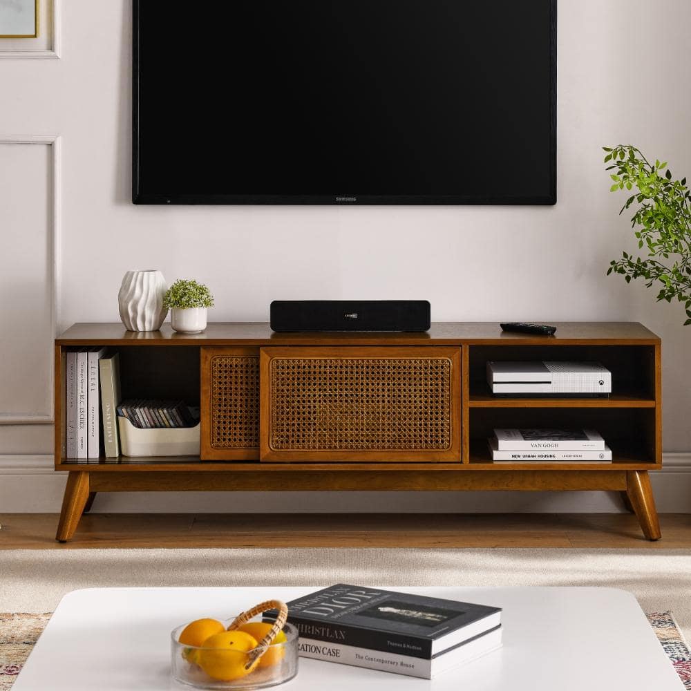 59" Mid-Century Rattan TV Stand for 65" TVs, Wood Media Console with Solid Wood Feet & Rattan Doors Brown