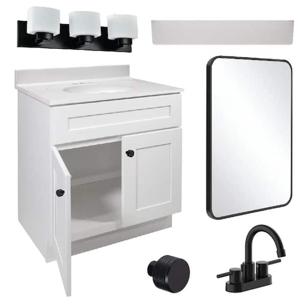 Brookings Bath Suite 31 in W Bath Vanity with Cultured Marble Top, Sidesplash, Mirror, Faucet, Vanity Light in White