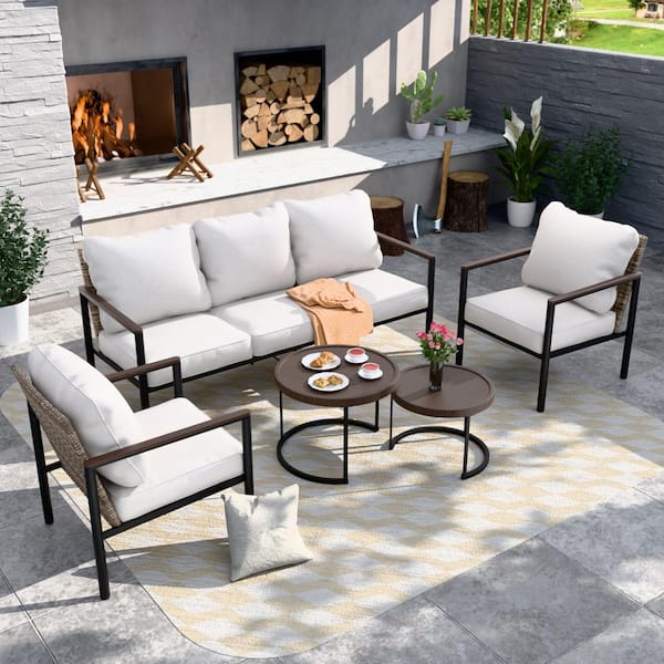 COOS BAY 5-Piece Light Brown Wicker Outdoor Patio Sectional Sofa Seating Set with Wood Grain Top Coffee Tables, Beige Cushions